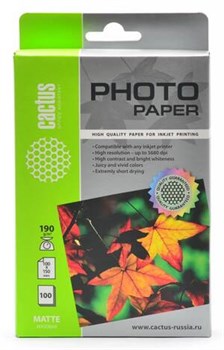 Бумага белый Cactus 10x15/190г/м2/100л./белый матовое, CS-MA6190100 70825273